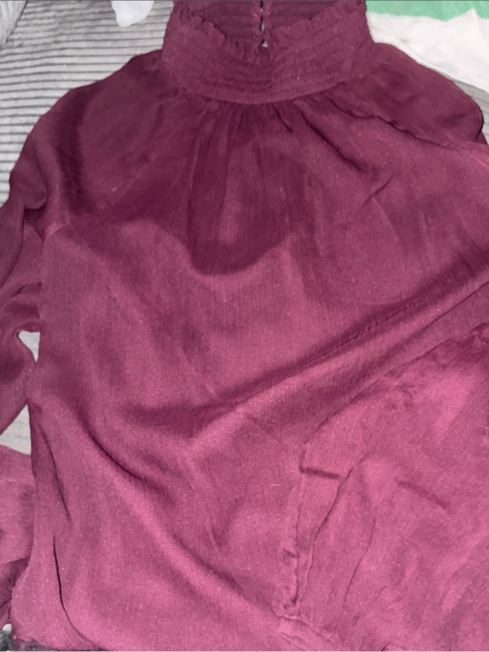 Joie limited edition smocked mock neck long sleeve sheer blouse in wine color